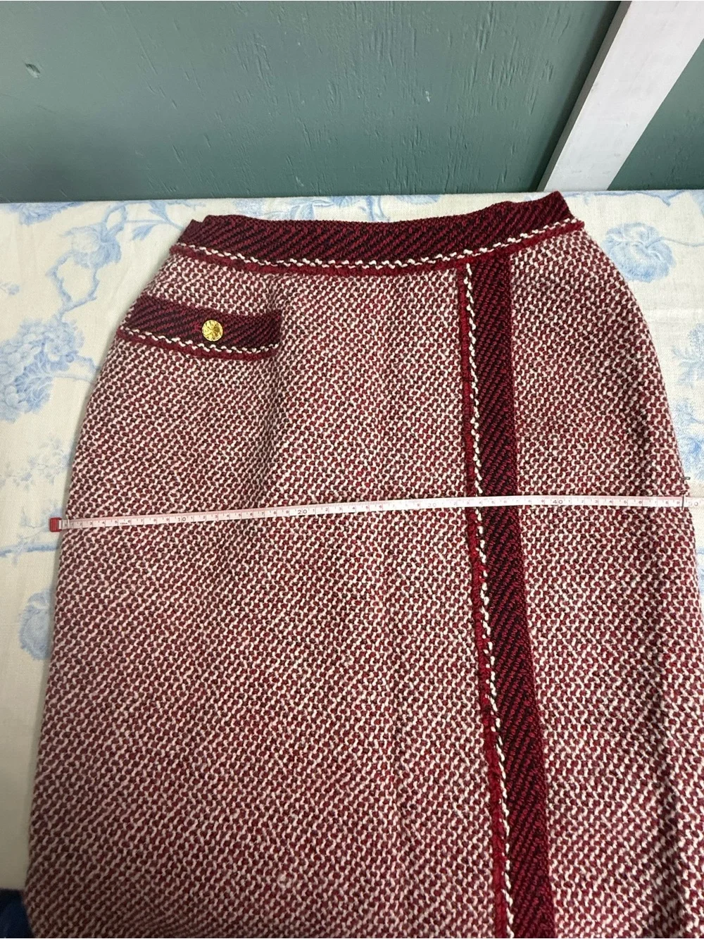 CHANEL Burgundy and Cream Tweed Pencil Skirt